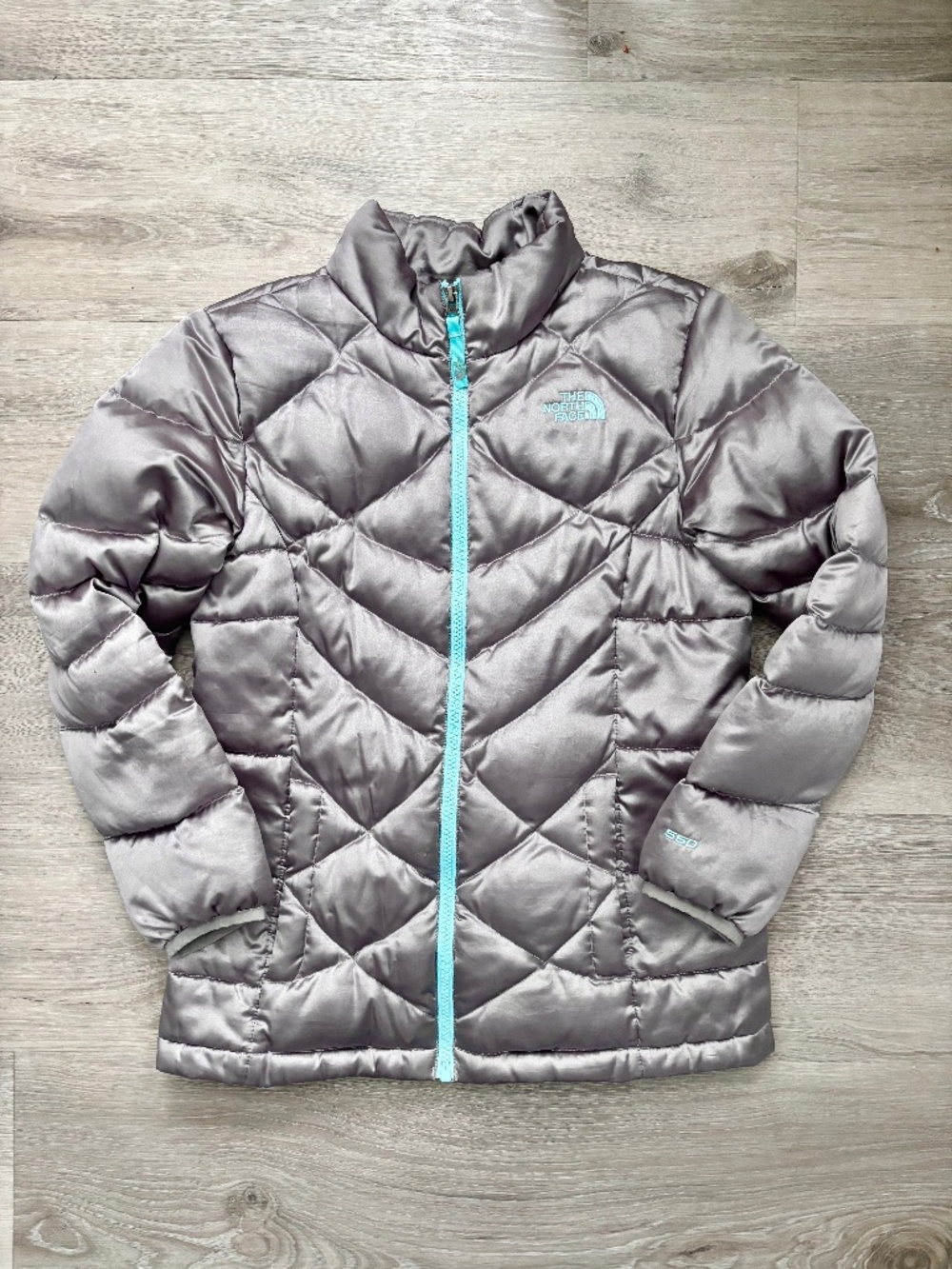 Girls The North Face 550 Down Silver Teal Lightweight Puffer Jacket Large 14/16